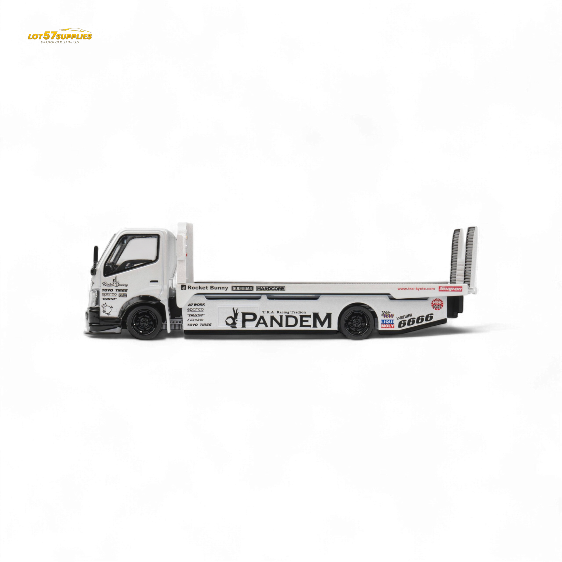 White Hino 300 MicroTurbo Flat Bed Truck diecast model with Pandem Rocket Bunny kit, detailed 1:64 scale, by Lot57Supplies Diecast Shop.