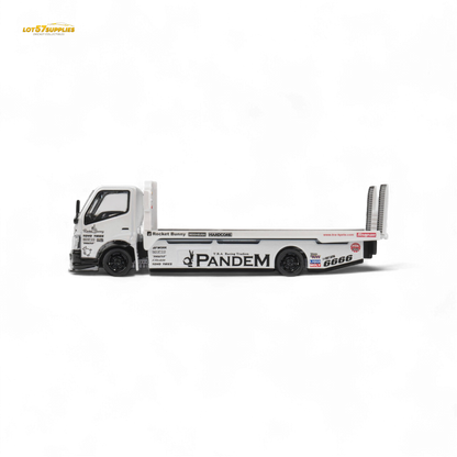White Hino 300 MicroTurbo Flat Bed Truck diecast model with Pandem Rocket Bunny kit, detailed 1:64 scale, by Lot57Supplies Diecast Shop.