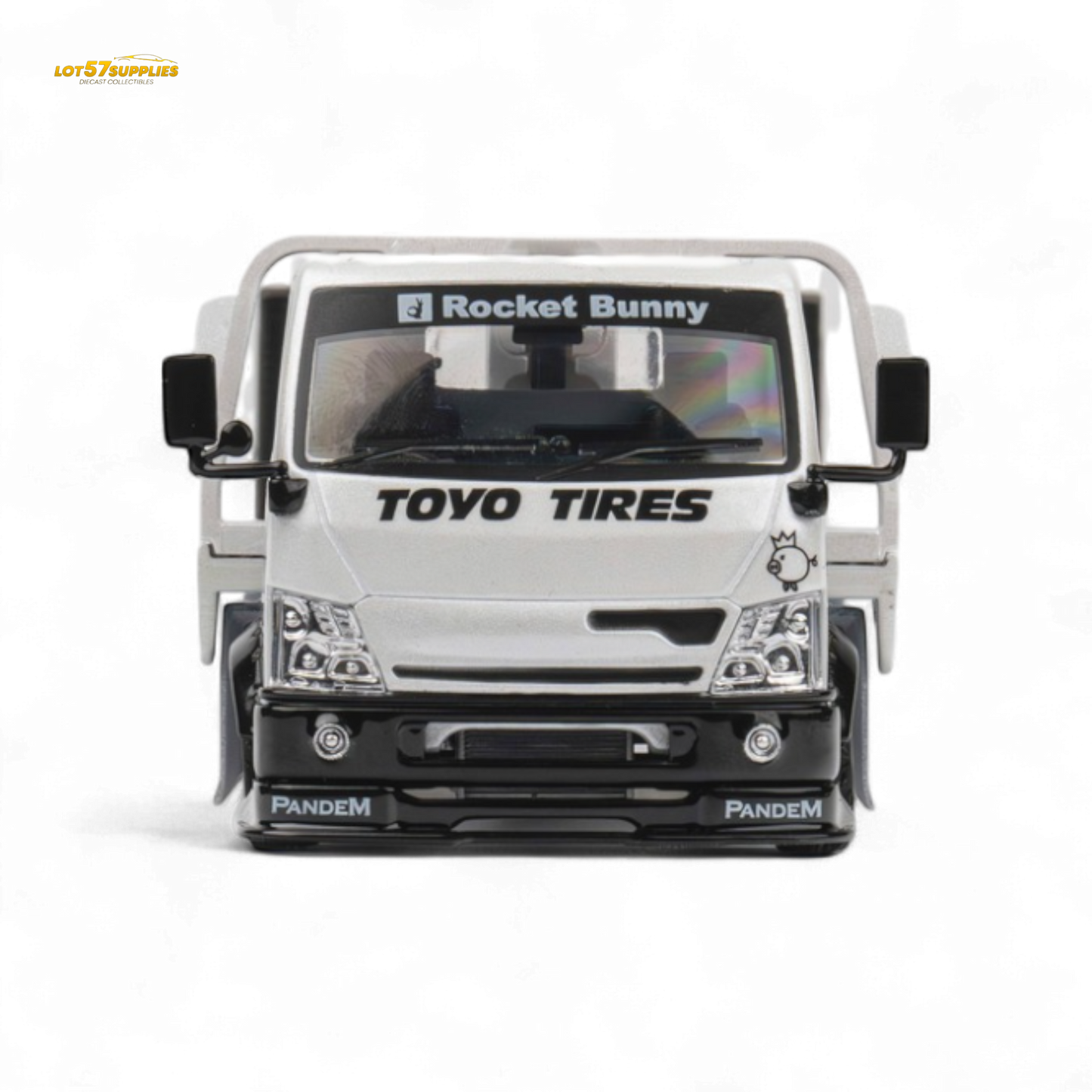 White 1:64 scale MicroTurbo Hino 300 flat bed truck diecast model with Pandem Rocket Bunny body from Lot57Supplies Diecast Shop.