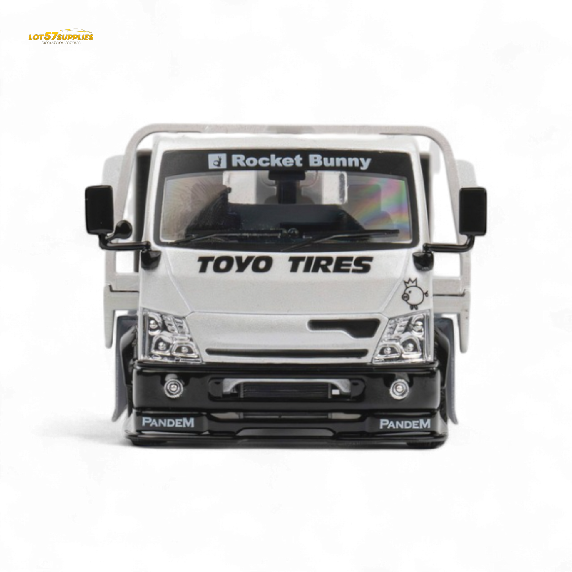 White 1:64 scale MicroTurbo Hino 300 flat bed truck diecast model with Pandem Rocket Bunny body from Lot57Supplies Diecast Shop.