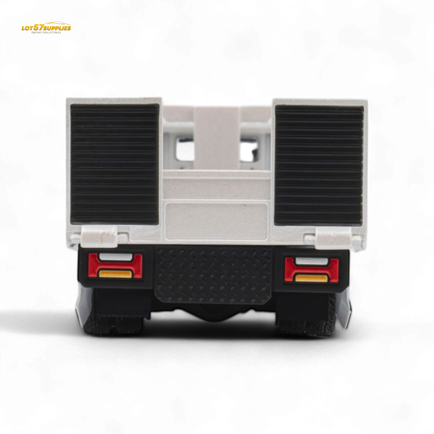 White Hino 300 MicroTurbo flat bed truck diecast model with Pandem Rocket Bunny body kit, 1:64 scale, detailed and realistic.