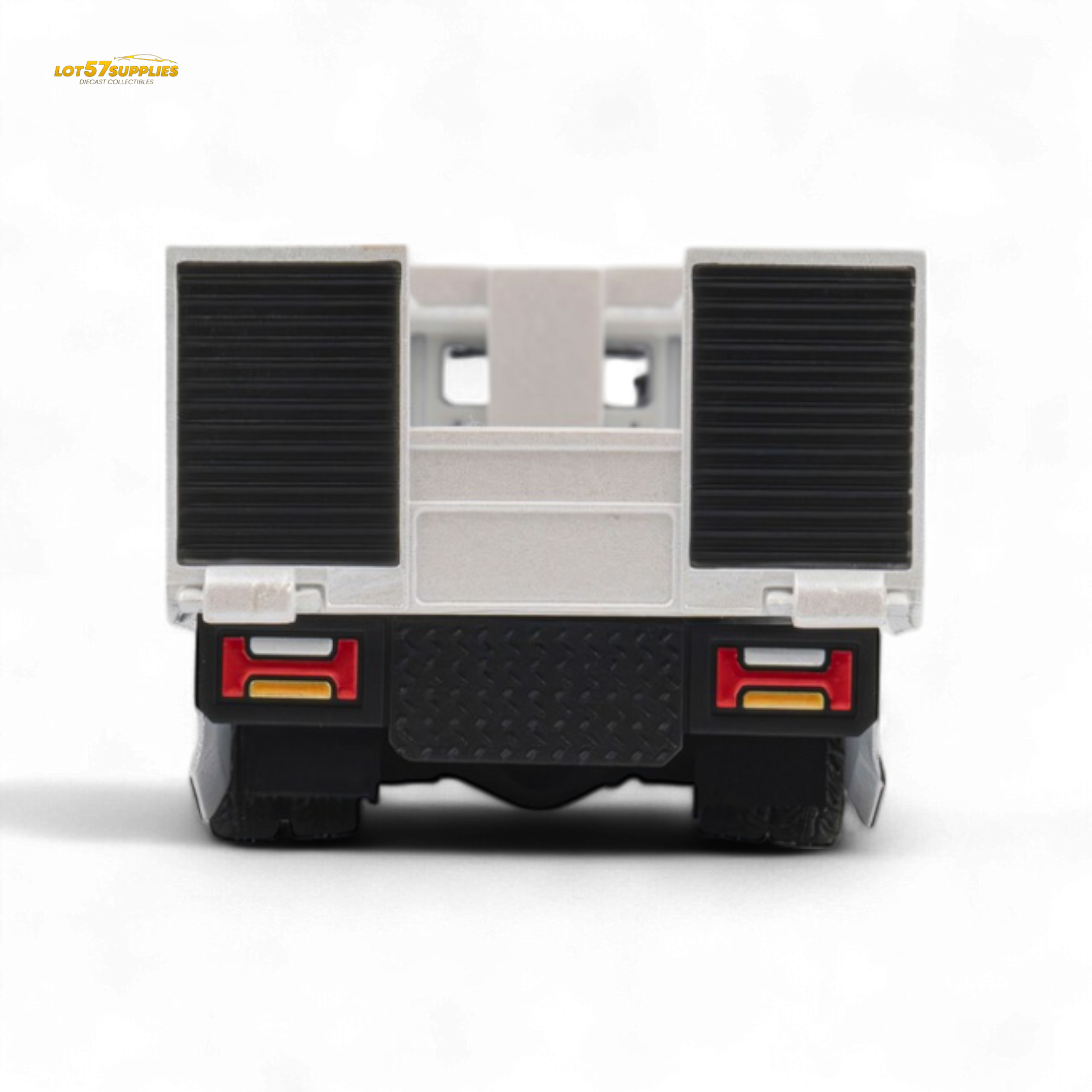 White Hino 300 MicroTurbo flat bed truck diecast model with Pandem Rocket Bunny body kit, 1:64 scale, detailed and realistic.
