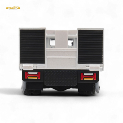 White Hino 300 MicroTurbo flat bed truck diecast model with Pandem Rocket Bunny body kit, 1:64 scale, detailed and realistic.