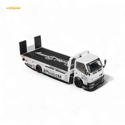 White 1:64 scale MicroTurbo Hino 300 flat bed truck diecast model with Pandem Rocket Bunny design on a plain background