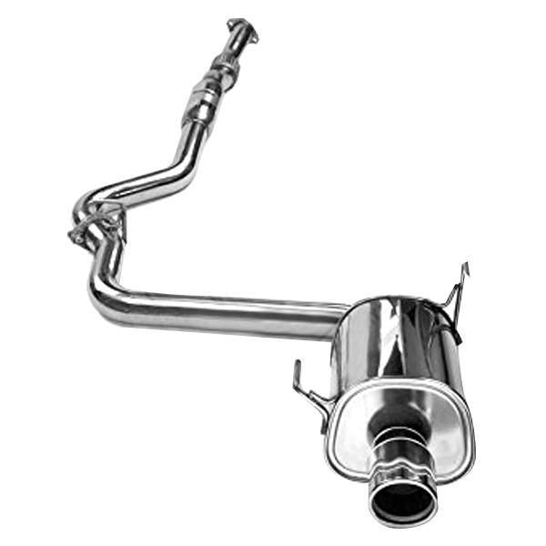 Invidia Q300 single cat-back exhaust system installed on a 2015-2021 Subaru WRX/STI, showcasing polished stainless steel piping.
