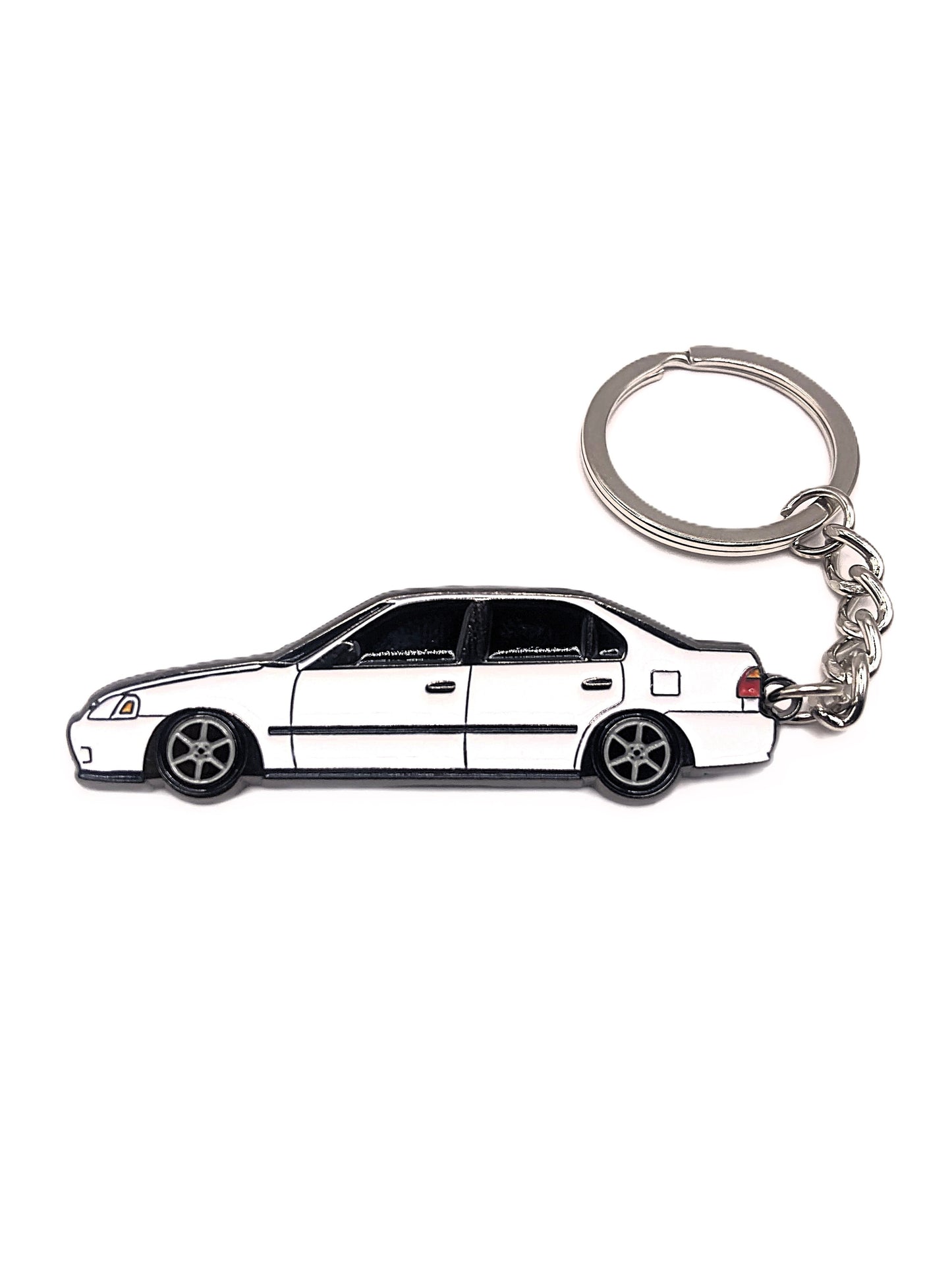 Drift Pins EK Sedan keychain with detailed car emblem and branding, made of metal, hanging from a keyring.