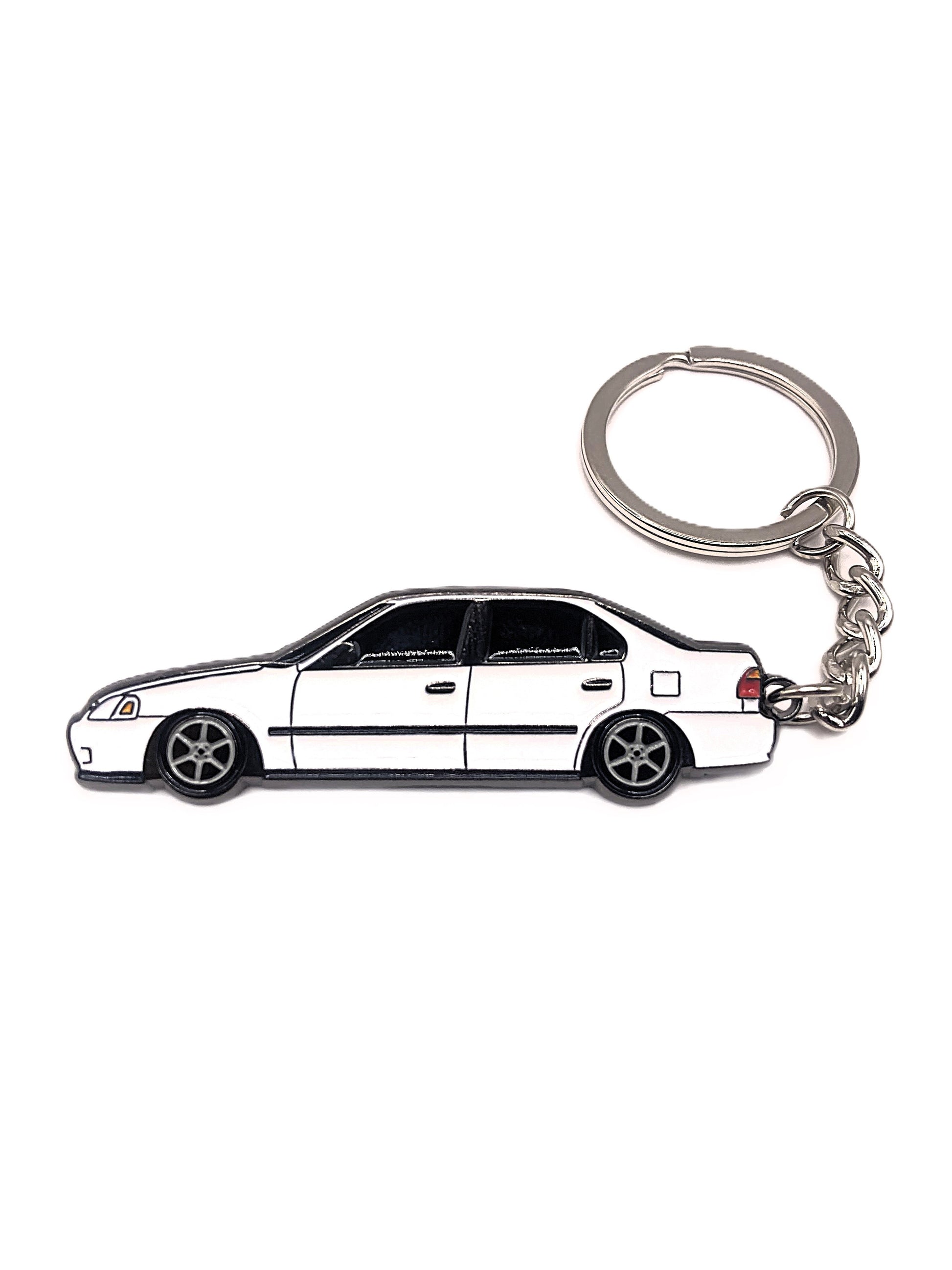 Drift Pins EK Sedan keychain with detailed car emblem and branding, made of metal, hanging from a keyring.
