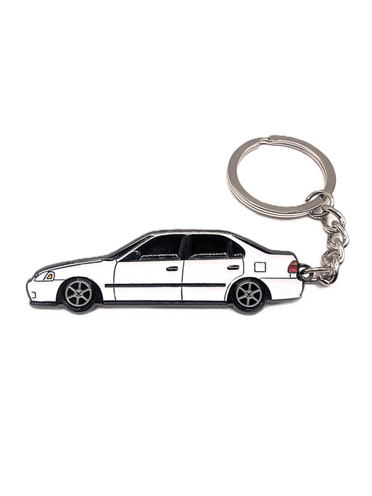 Drift Pins EK Sedan keychain with detailed car emblem and branding, made of metal, hanging from a keyring.
