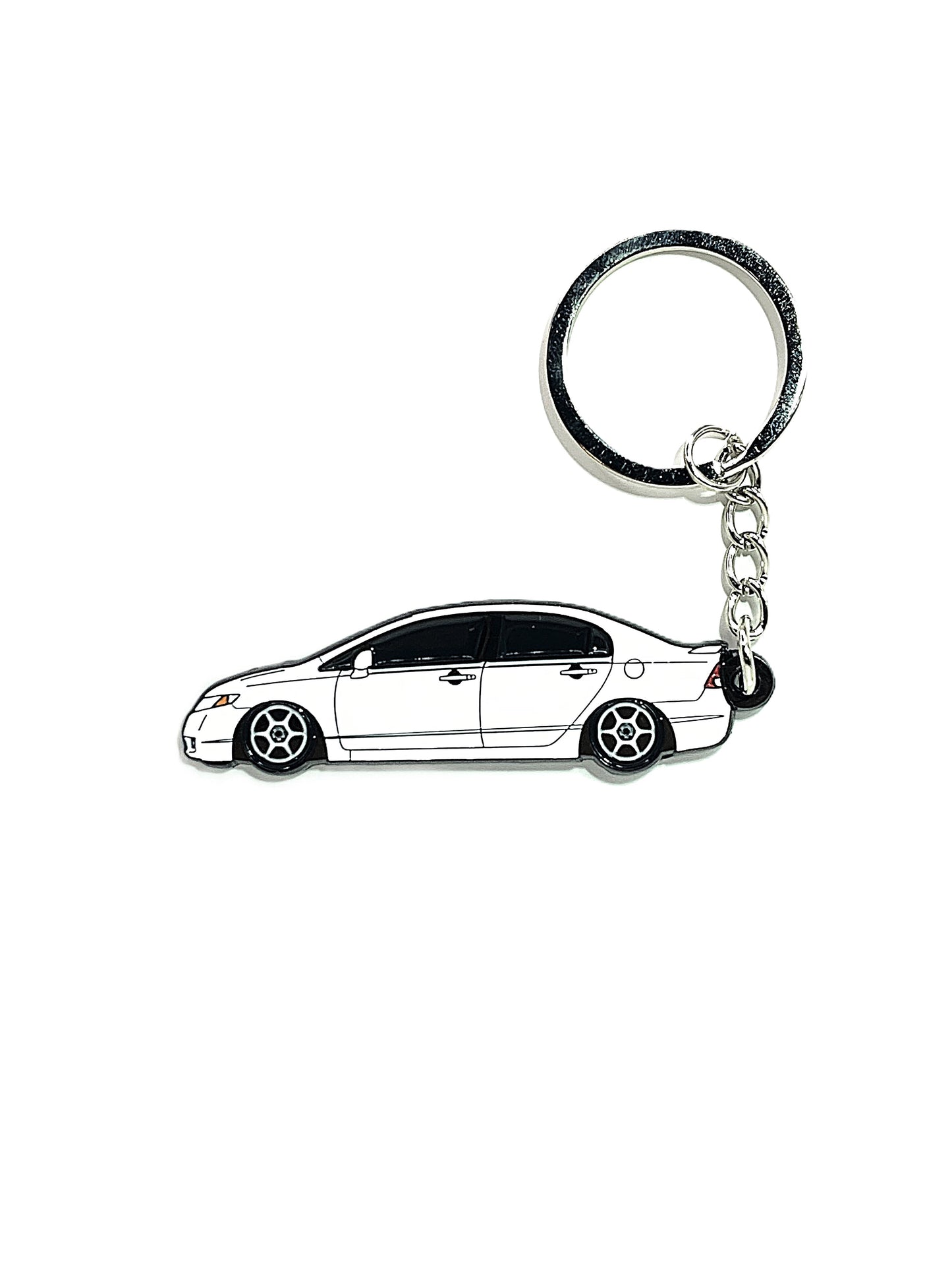 Drift Pins 8th Gen sedan keychains featuring metal keyring and car-shaped charm with engraved details.
