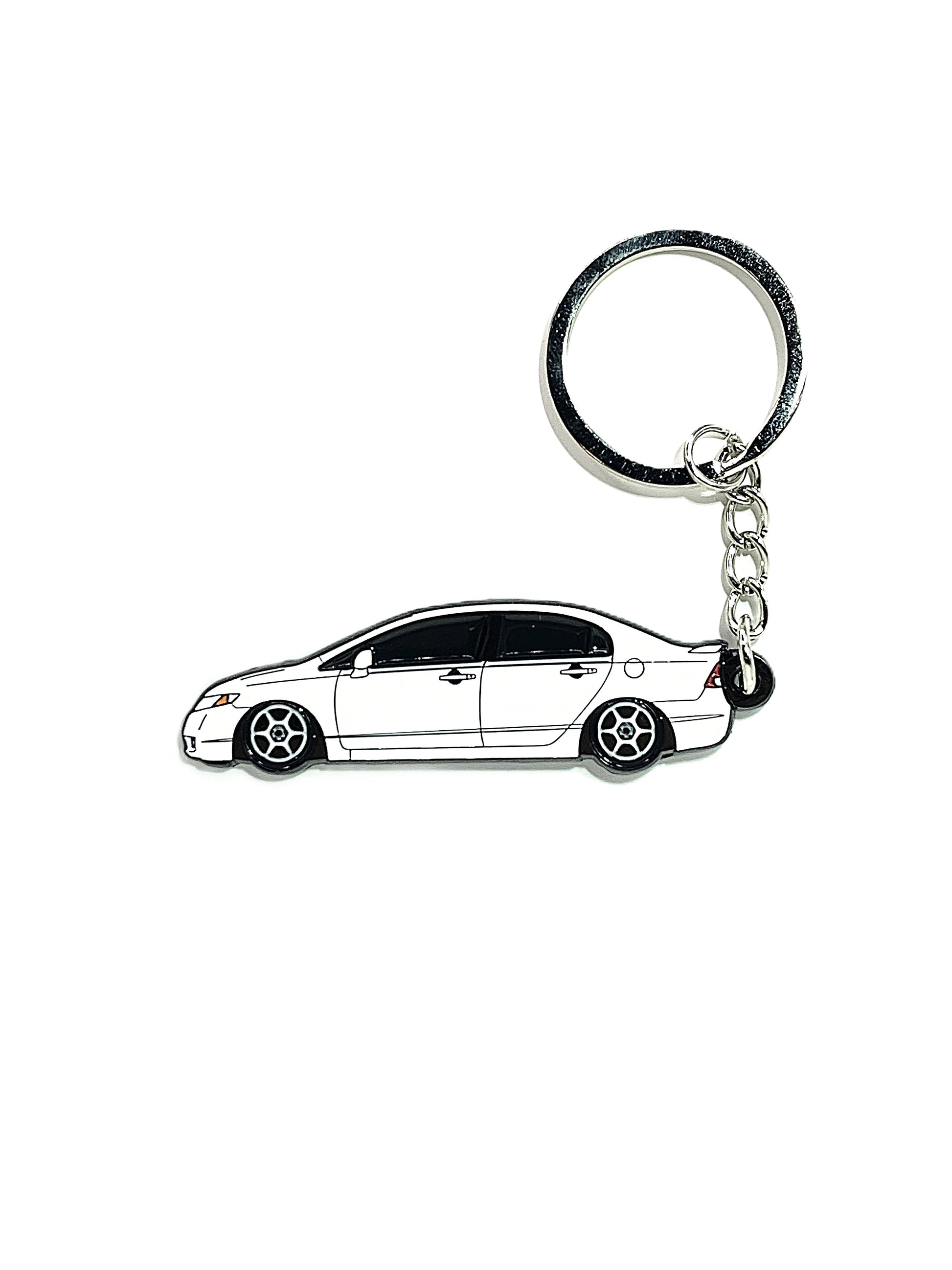 Drift Pins 8th Gen sedan keychains featuring metal keyring and car-shaped charm with engraved details.