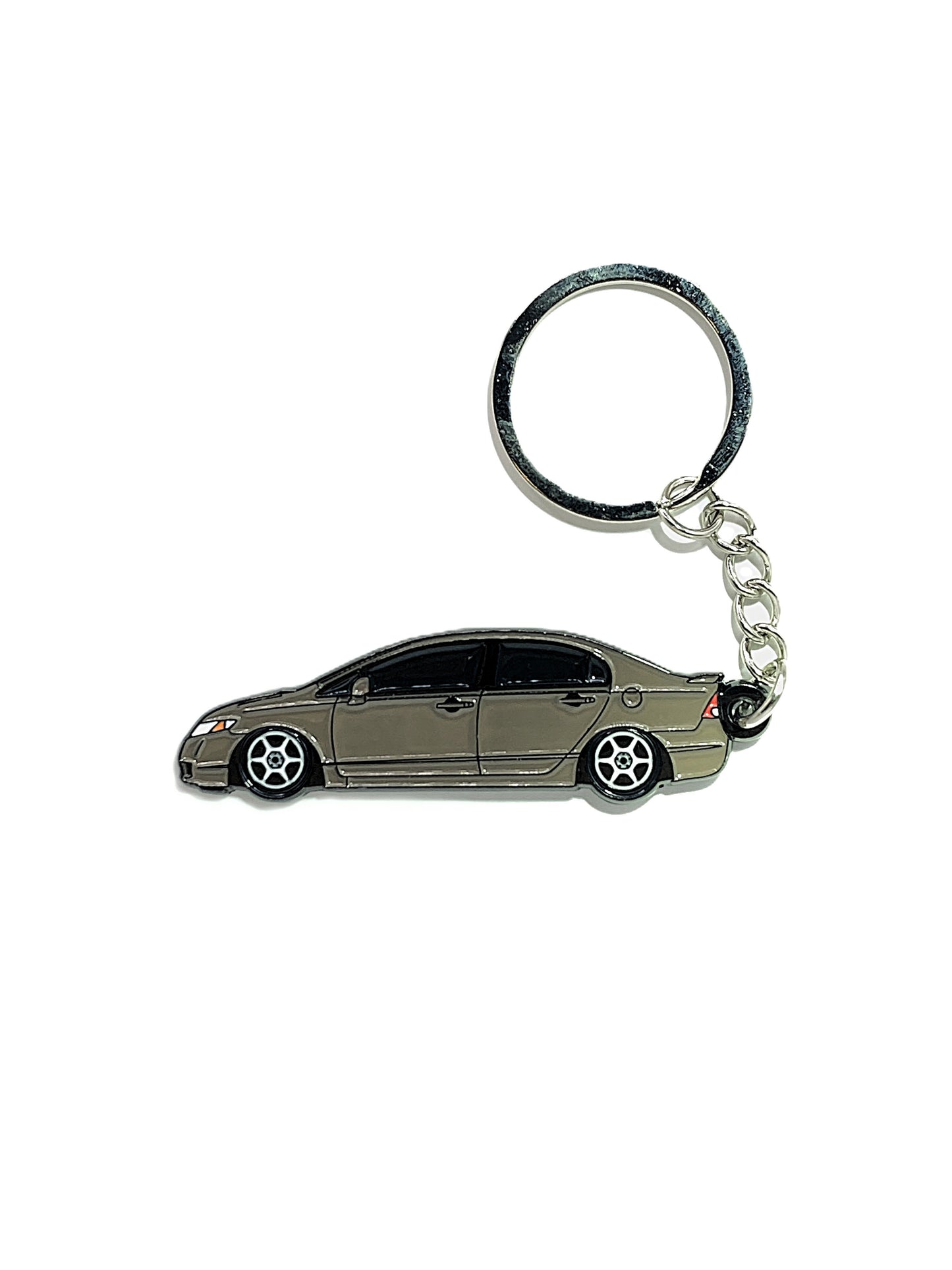 Drift Pins 8th Gen Sedan keychains featuring detailed car emblem design on silver keyring.