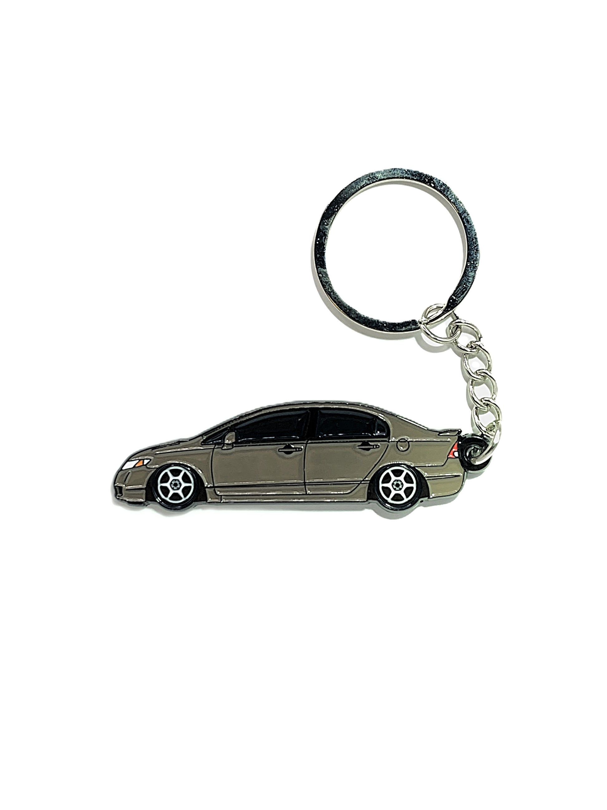 Drift Pins 8th Gen Sedan keychains featuring detailed car emblem design on silver keyring.