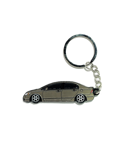 Drift Pins 8th Gen Sedan keychains featuring detailed car emblem design on silver keyring.