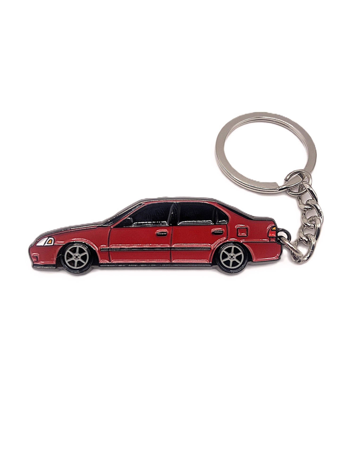 Drift Pins EK Sedan keychains featuring detailed car emblem design on metal keyring.