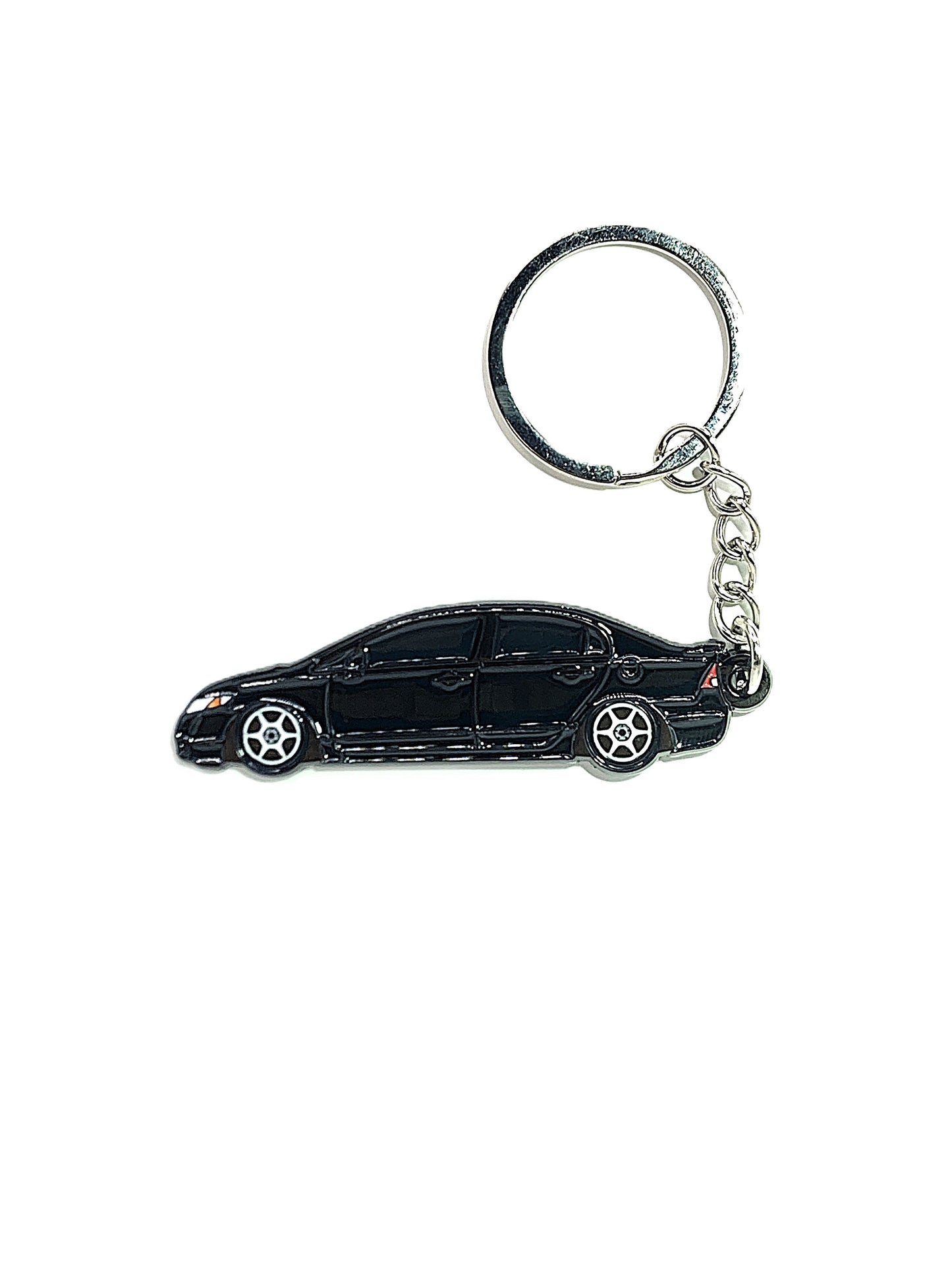 Drift Pins 8th Gen Sedan keychain with metal charm and branding, featuring a sleek design and car model details.