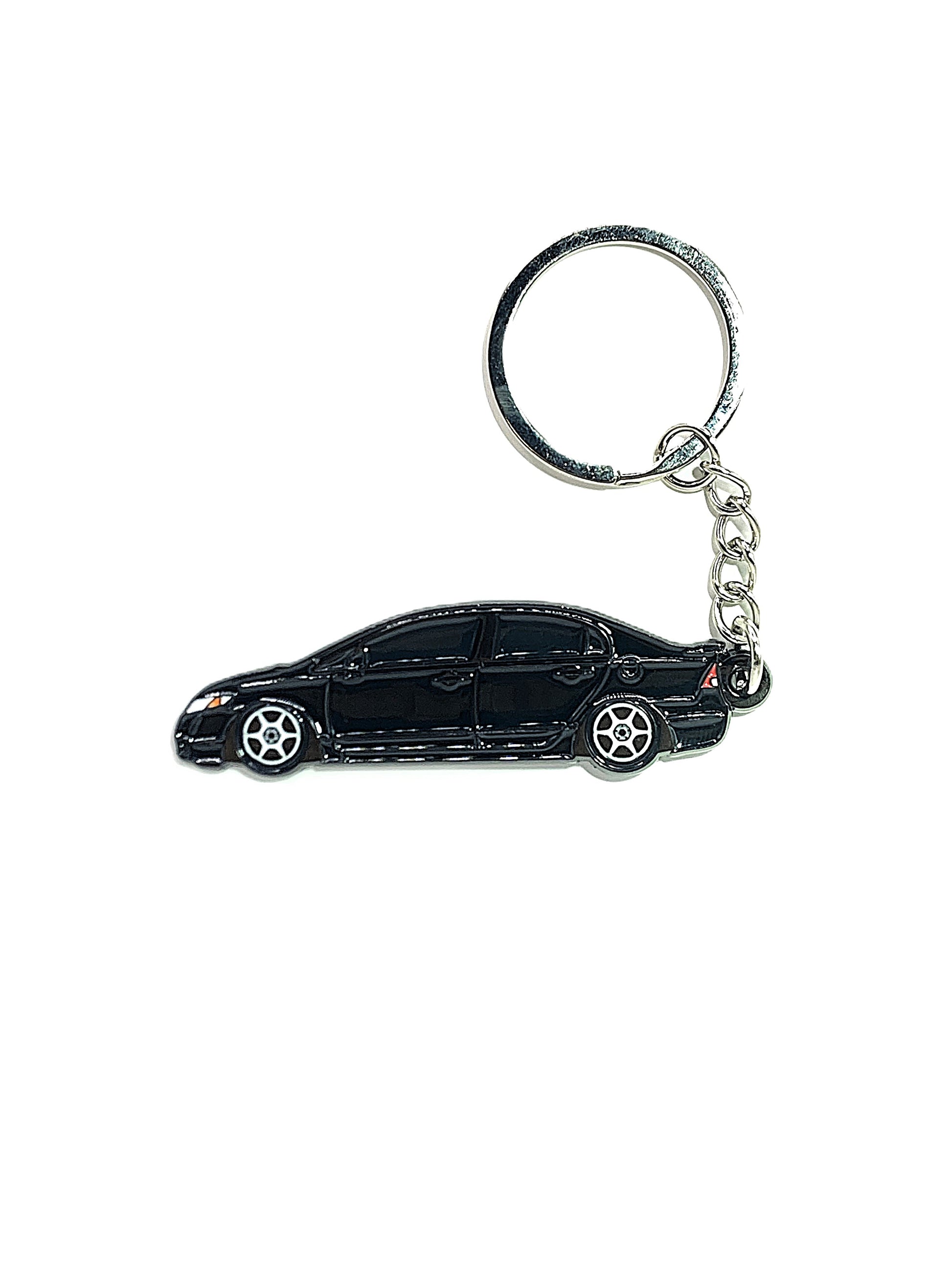 Drift Pins 8th Gen Sedan keychain with metal charm and branding, featuring a sleek design and car model details.
