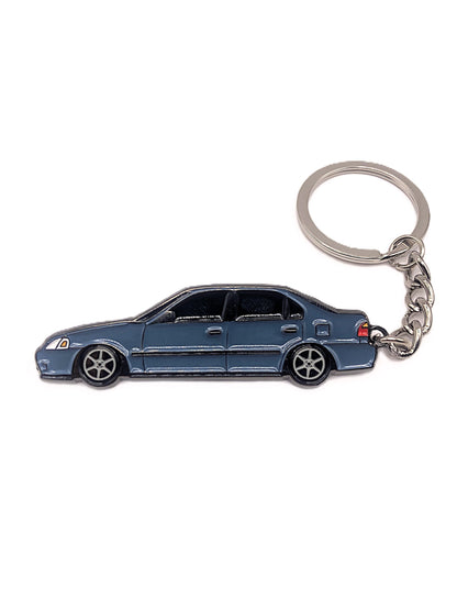 Drift Pins EK Sedan keychain featuring a detailed EK Sedan car model in metal with branded logo accents.