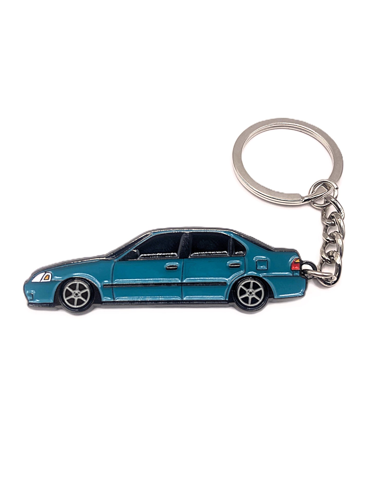 EK Sedan keychains by Drift Pins featuring detailed car-shaped designs on metal keyrings.