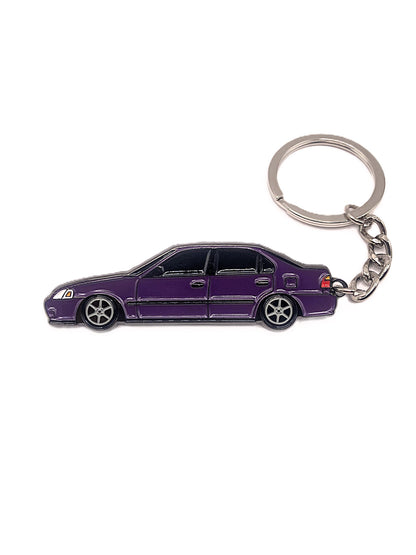 Drift Pins EK Sedan keychain featuring a detailed miniature car model on a metal keyring.