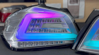 NTXGlow clear RGB color-shifting tail lights for 2015-2021 Subaru WRX and STI, with sleek design and vibrant lighting.