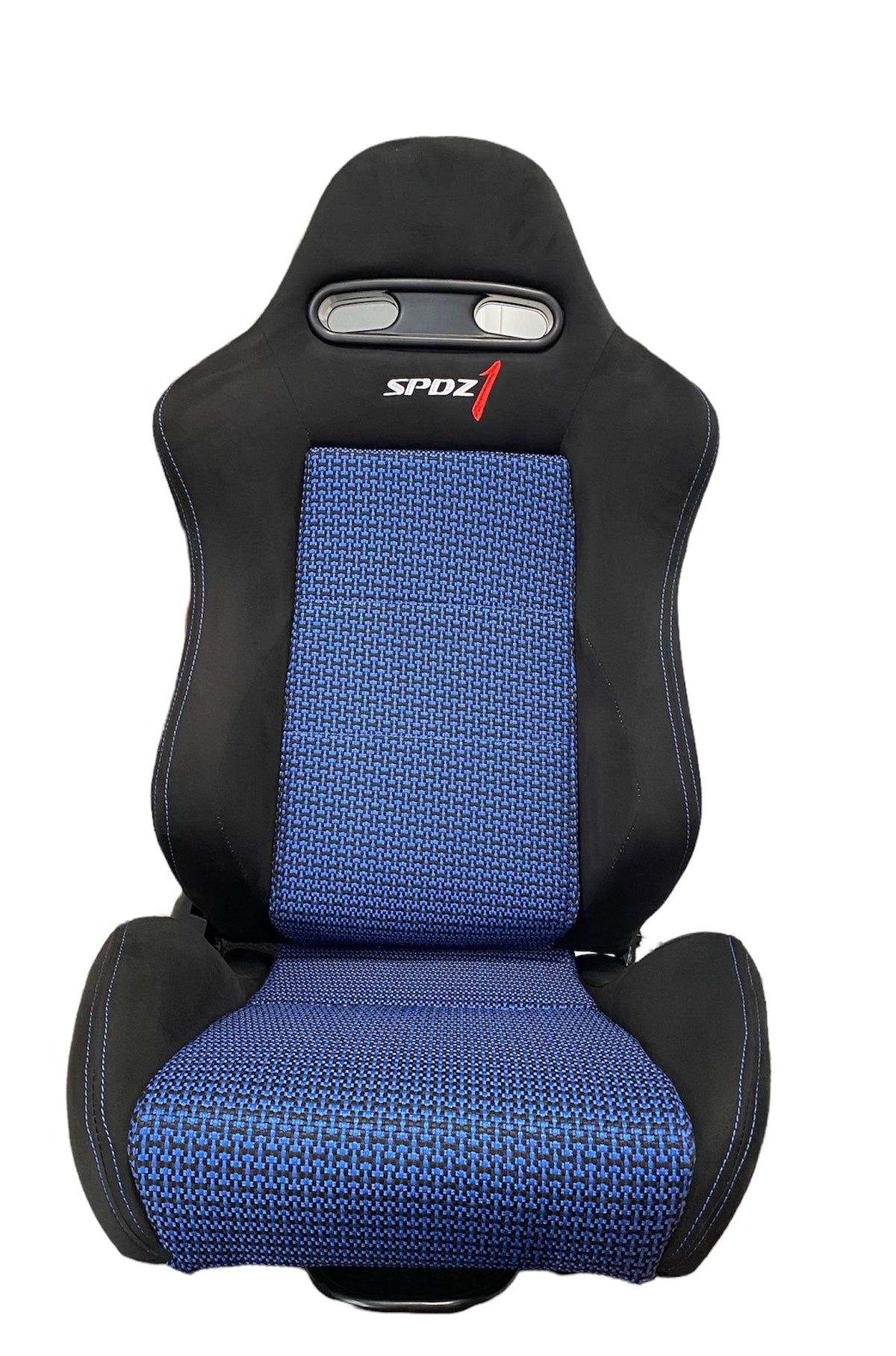 SPD Z1 Pole Position 7 racing seat by Speedzone Performance LLC, black cloth with blue Kevlar mesh center and blue stitching.