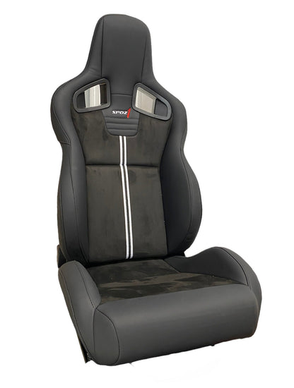 Black leather and suede racing seat with double stripe detailing by Speedzone Performance LLC, designed for high-performance driving.