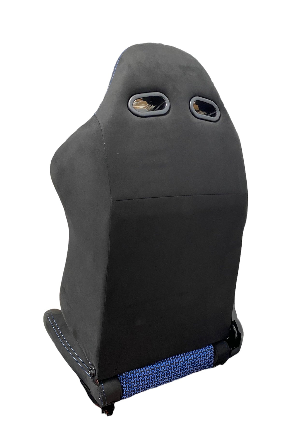 Black cloth racing seat with blue Kevlar mesh center and blue stitching, reclinable design by Speedzone Performance LLC.
