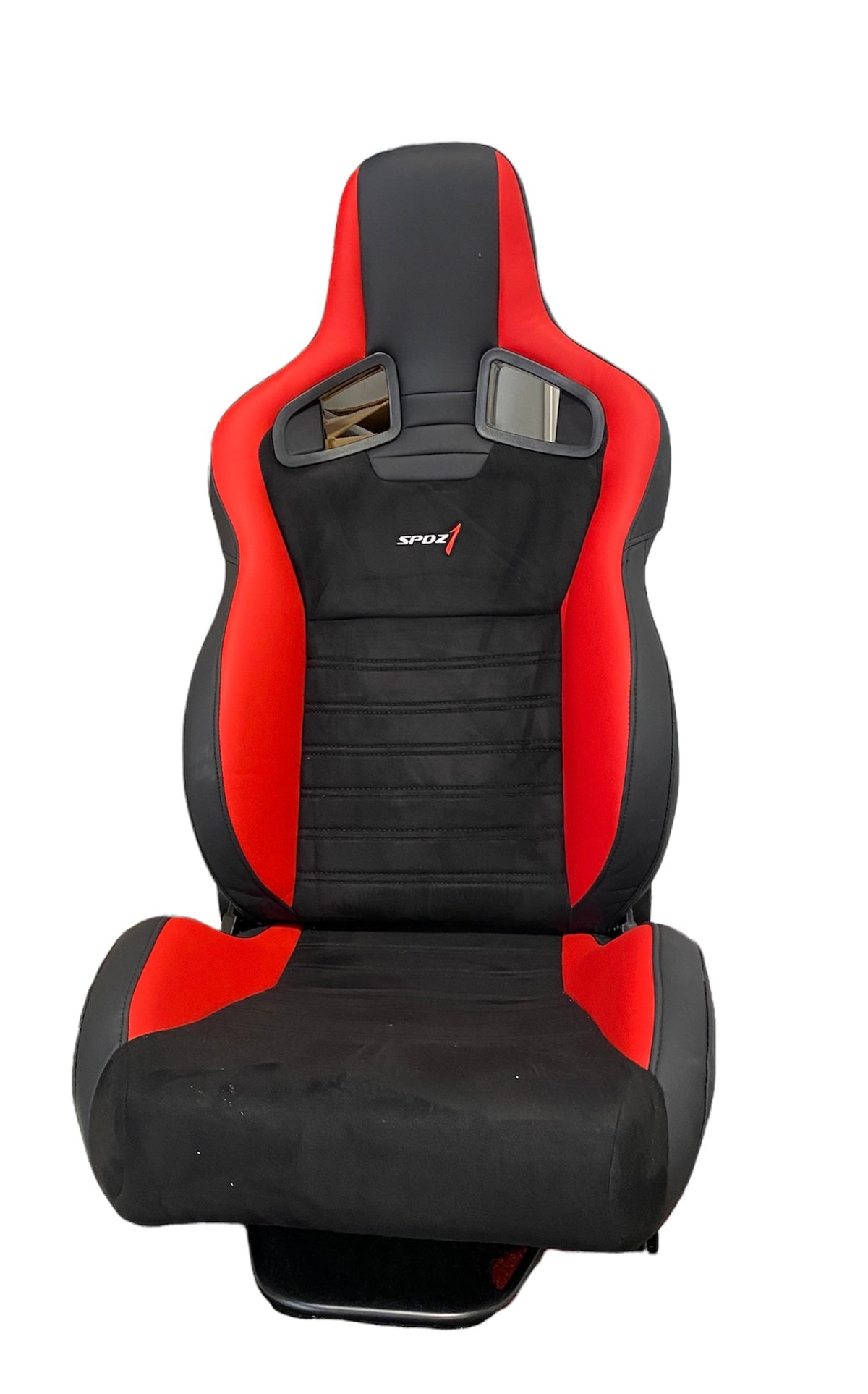 Black and red leather and black suede racing seat from Speedzone Performance LLC, designed for high-performance vehicle racing.
