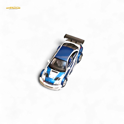White and blue BMW E46 M3 GTR diecast car with NFS livery, detailed 1:64 scale model from Lot57Supplies Diecast Shop.