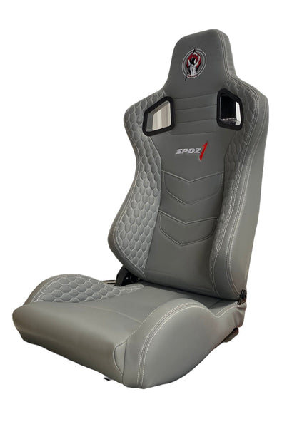 Gray leather racing seat with white cross stitch, reclinable design from SPDZ1 Katana Racing Seats by Speedzone Performance LLC.