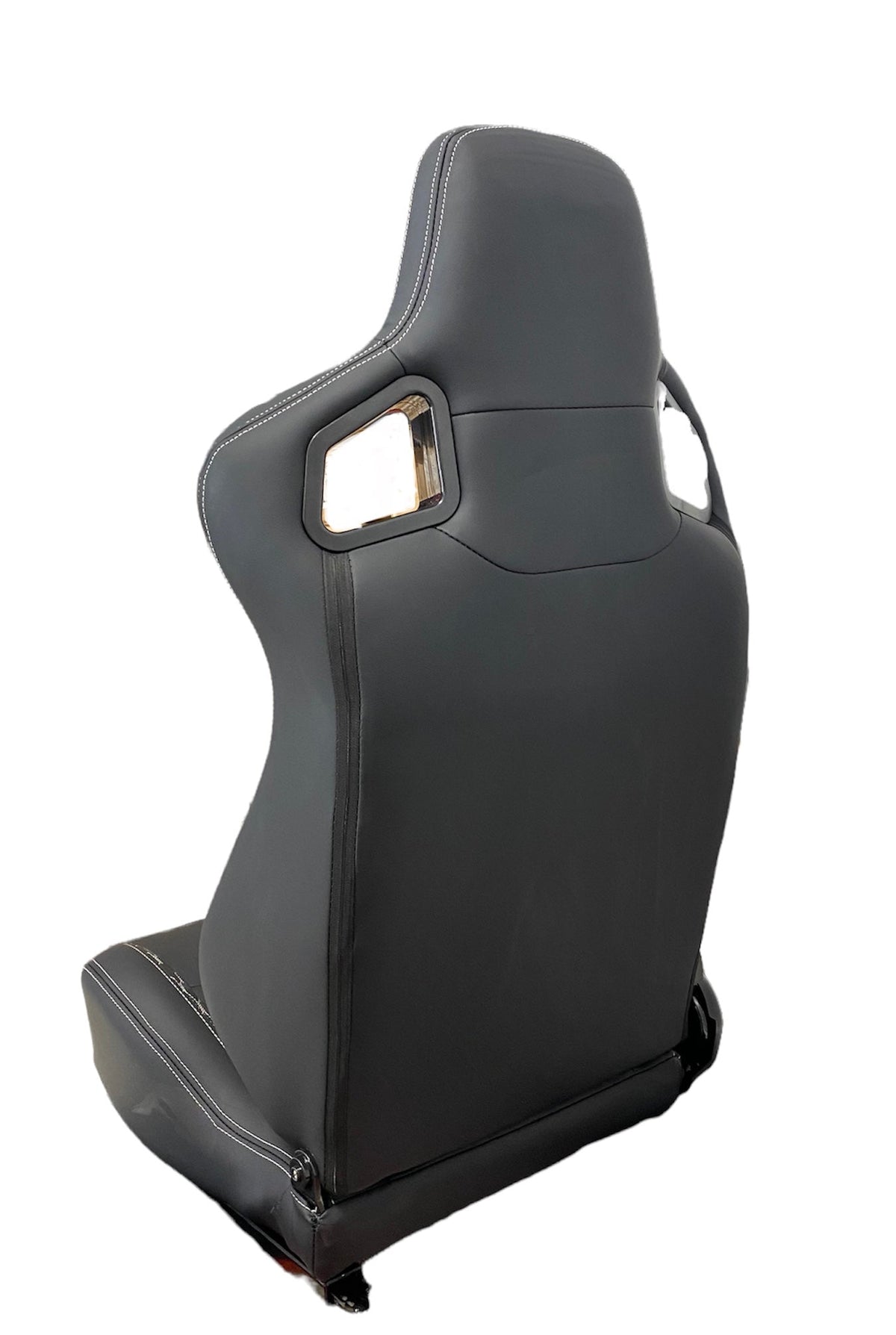 Black leather SPDZ1 Katana racing seat with white cross stitch from Speedzone Performance LLC, featuring recline and racing design.