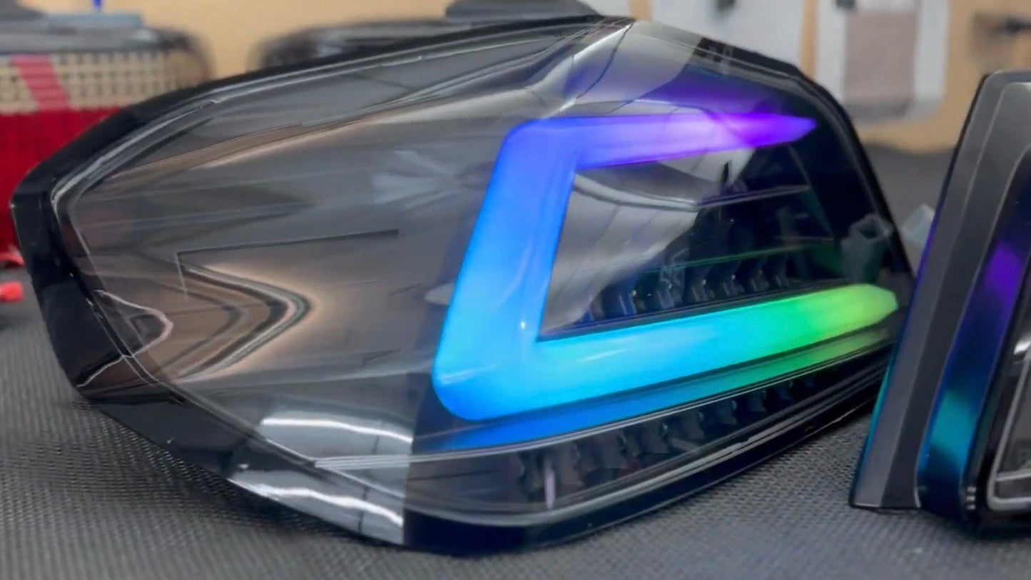NTXGlow black RGB color-shifting tail lights for 2015-2021 Subaru WRX and STI, featuring sleek design and vibrant lighting effects