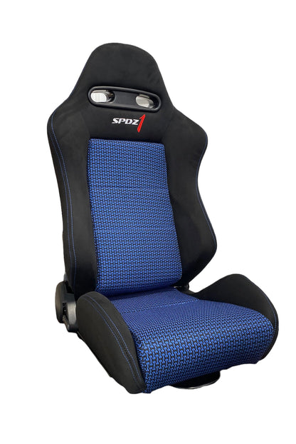 SPDZ1 Pole Position 7 racing seat by Speedzone Performance LLC in black cloth with blue Kevlar mesh center, blue stitching, and recline feature
