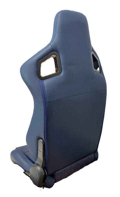 Deep blue leather racing seat with red cross stitch, reclinable design by Speedzone Performance LLC, featuring sporty bolstered support.