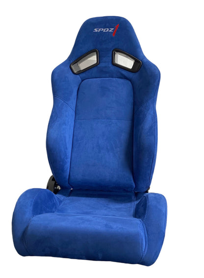 Blue suede racing seat by Speedzone Performance LLC, SPDZ1 Blast model, reclinable with racing harness openings.