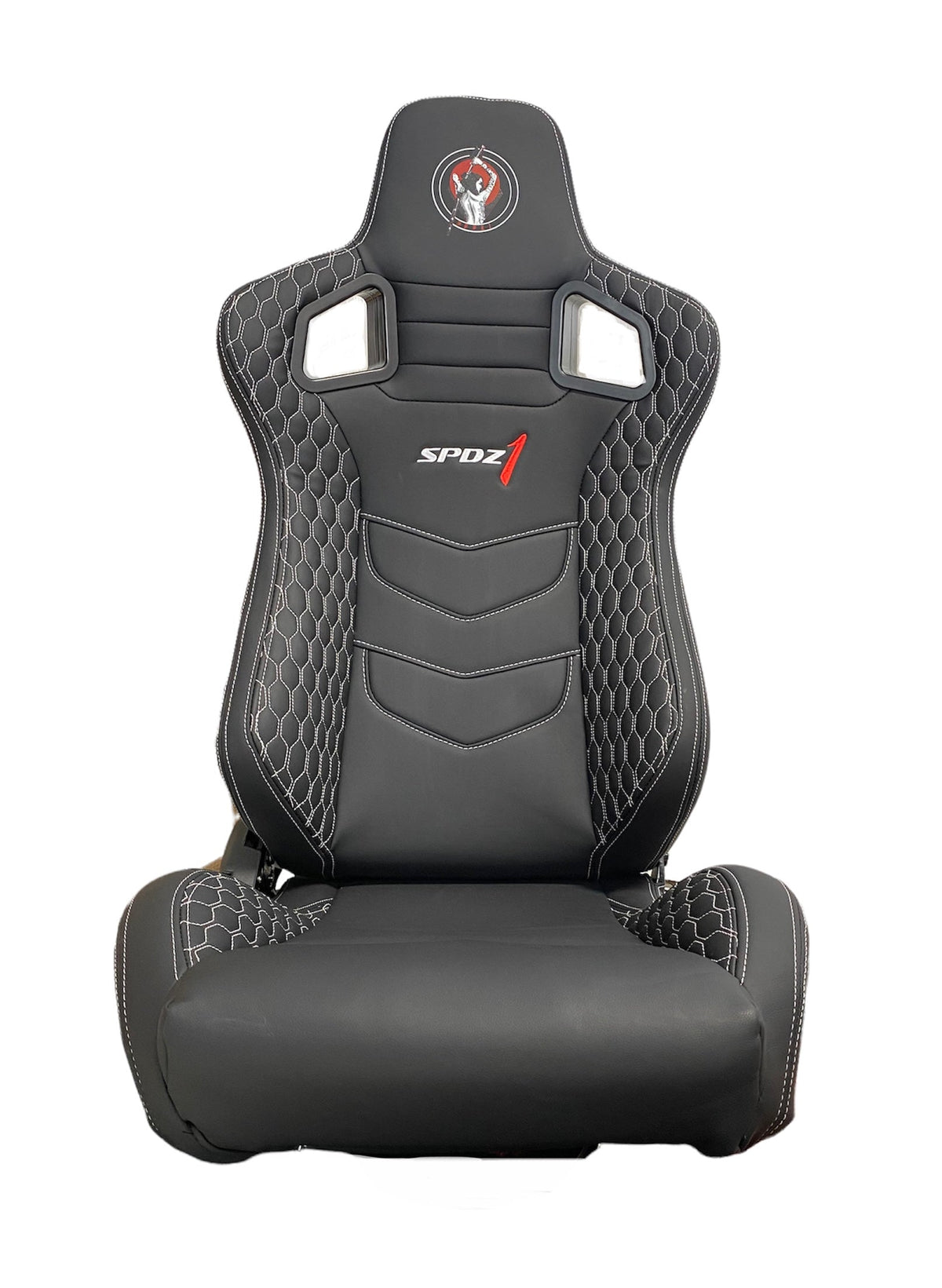 Black leather racing seat by Speedzone Performance LLC with white cross stitch and reclinable design for sporty driving comfort.