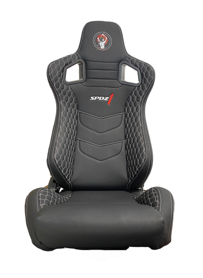 Black leather racing seat by Speedzone Performance LLC with white cross stitch and reclinable design for sporty driving comfort.
