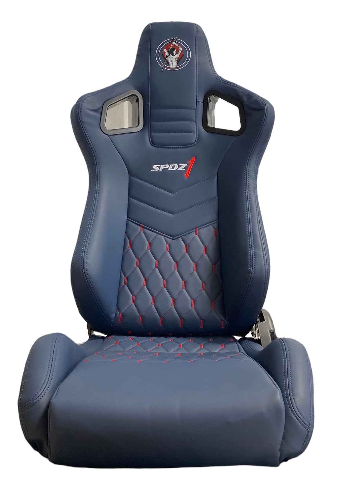 Deep blue leather racing seat with red cross stitch by Speedzone Performance LLC, reclinable and designed for high-performance racing.