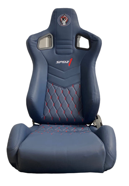 Deep blue leather racing seat with red cross stitch by Speedzone Performance LLC, reclinable and designed for high-performance racing.