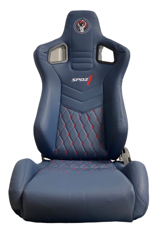 Deep blue leather racing seat by Speedzone Performance LLC with red cross stitch, reclinable, designed for high-performance driving.
