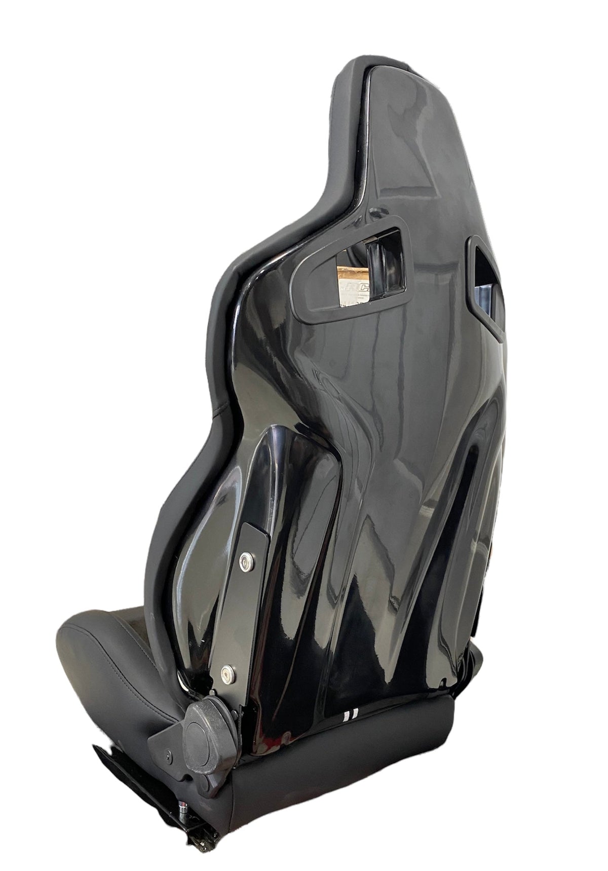 Black leather and suede racing seat with double stripe from SPDZ1 GT1 by Speedzone Performance LLC, showcasing ergonomic design and branding.
