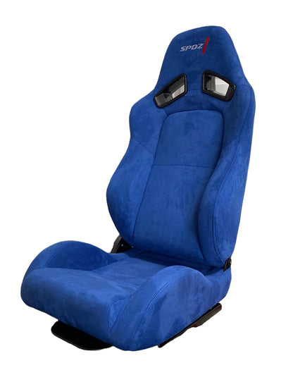 SPDZ1 Blast Blue Suede Racing Seat by Speedzone Performance LLC, reclinable racing seat with blue suede upholstery, designed for comfort and support