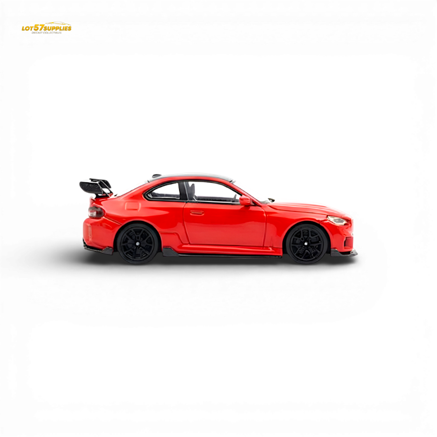 Red 1:64 scale BMW G87 M2 diecast model from Lot57Supplies with high tail design, detailed miniature car for collectors.