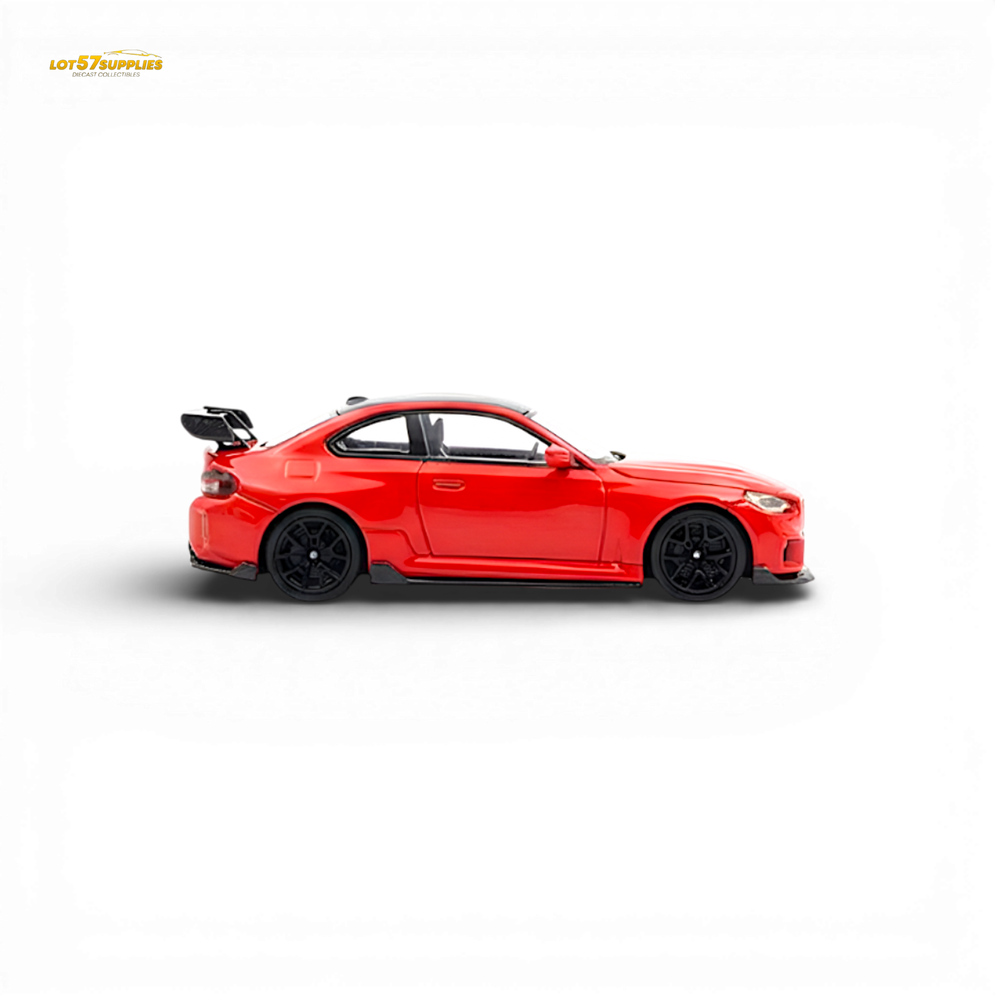 Red 1:64 scale BMW G87 M2 diecast model from Lot57Supplies with high tail design, detailed miniature car for collectors.