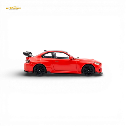 Red 1:64 scale BMW G87 M2 diecast model from Lot57Supplies with high tail design, detailed miniature car for collectors.