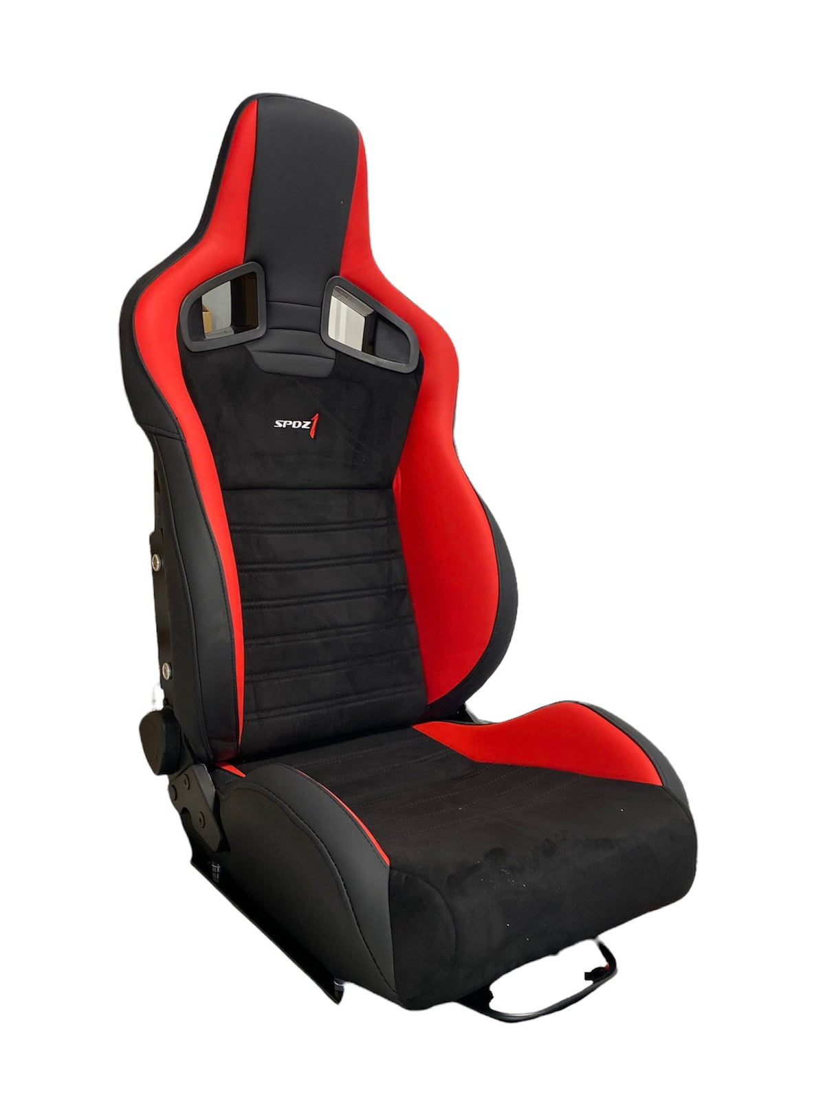 Black and red leather and suede racing seat from Speedzone Performance LLC, SPDZ1 T1R model with sporty design.