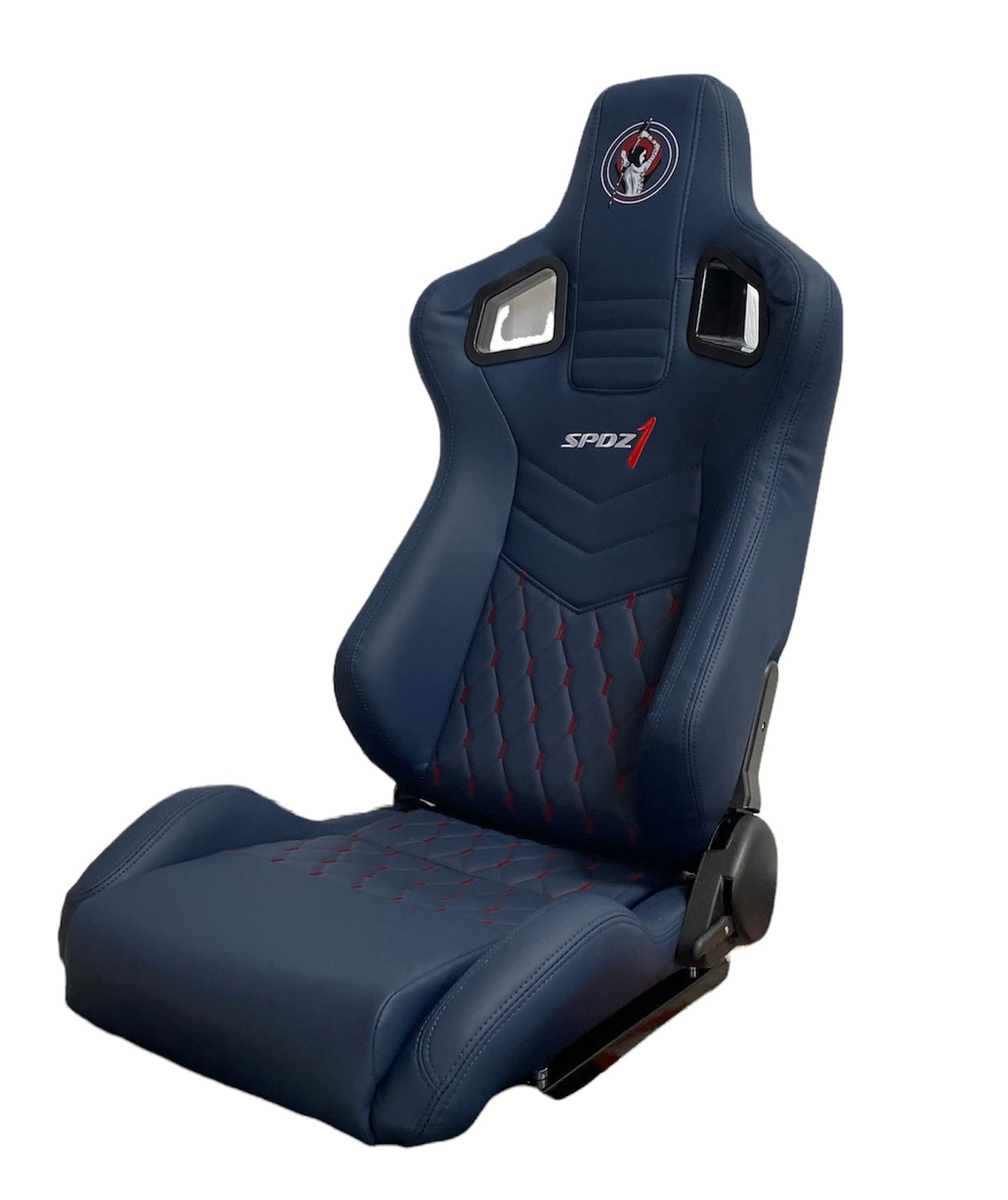 Deep blue leather racing seat with red cross stitch from Speedzone Performance LLC, featuring reclinable design and sporty style.