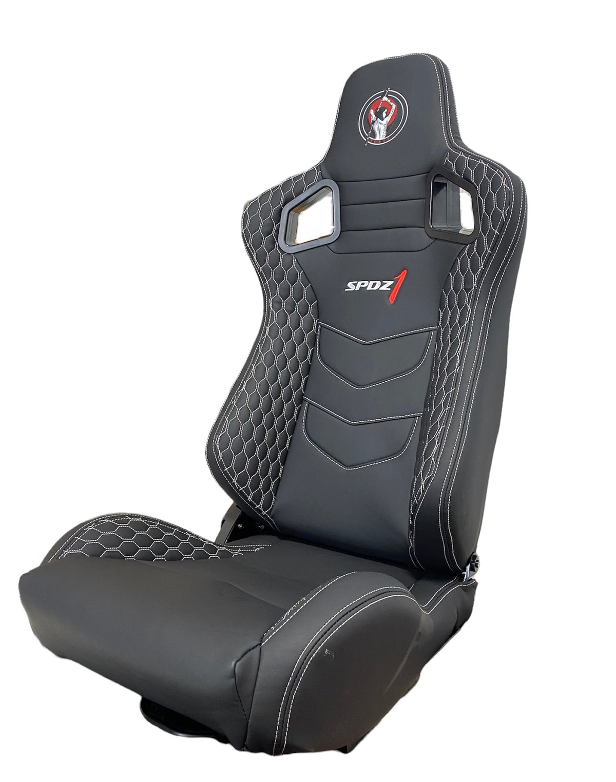 Black leather SPDZ1 Katana racing seat with white cross stitch, reclinable, designed for high-performance driving by Speedzone Performance LLC.