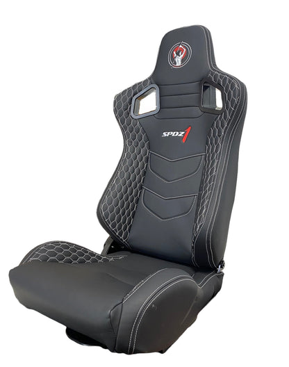 Black leather SPDZ1 Katana racing seat with white cross stitch, reclinable, designed for high-performance driving by Speedzone Performance LLC.