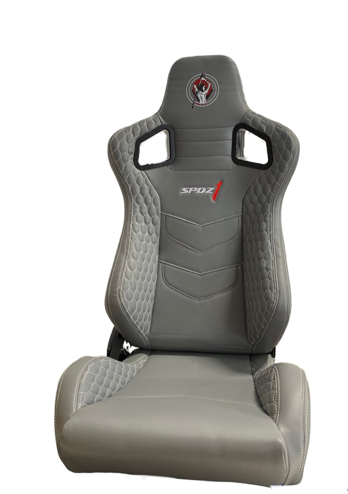 Gray leather racing seat with white cross stitch from SPDZ1 Katana series by Speedzone Performance LLC, reclinable for comfort.